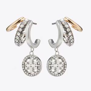 Tory Burch Women’s Icon Pavé Triple Hoop Earrings – Gold Tone Silver Crystal Layered Hoop Design (Style 171660)