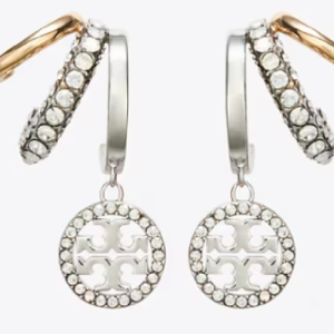 Tory Burch Women’s Icon Pavé Triple Hoop Earrings – Gold Tone Silver Crystal Layered Hoop Design (Style 171660)