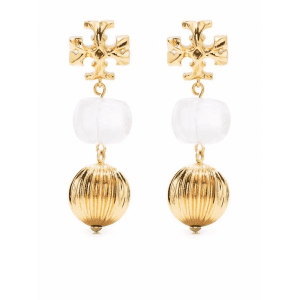 Tory Burch Women’s Logo Pearl Drop Earrings – Gold Tone Crystal Logo Stud with Cultured Pearl Dangle TB9856