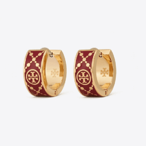 Tory Burch Women’s T Monogram Huggie Earrings – Red & Gold Tone Enamel Logo Hoop Earrings TB6598