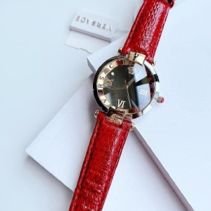 Versace Women’s Quartz Swiss Made Red Leather Strap Silver Mirror Finish Dial 35mm Watch VEAI00119 (Without Tag)