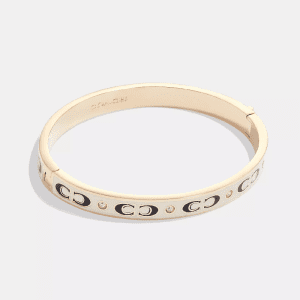 Coach Women’s Signature Enamel Hinged Bangle Gold Tone White Logo Bracelet CI904
