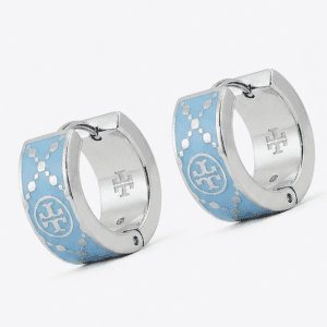 Tory Burch Women’s T Monogram Huggie Earrings Silver & Sky Blue Enamel Logo Hoop Earrings TB6598-2