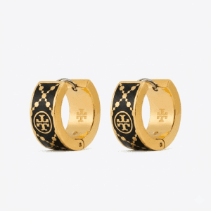 Tory Burch Women’s T Monogram Huggie Earrings Gold & Black Enamel Logo Hoop Earrings TB6598-3