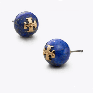 Tory Burch BLUE LAPIS Semi Precious Stone Pearl Logo Stud Earrings TB8565