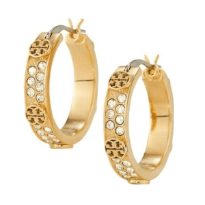 Tory Burch Women's Miller Gold and Crystal Logo Huggie/Hoops TB9689