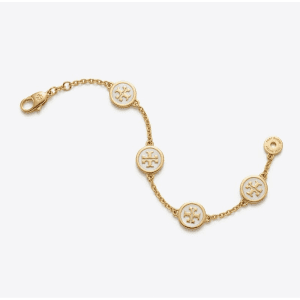 Tory Burch Kira Enamel Station Bracelet Gold White Logo Charms TB7635