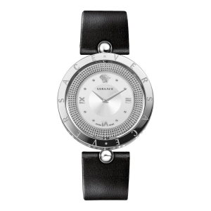 Versace Women’s Quartz Swiss Made Black Leather Strap Silver Sunray Dial 34mm Watch VE7901023 (Like New)