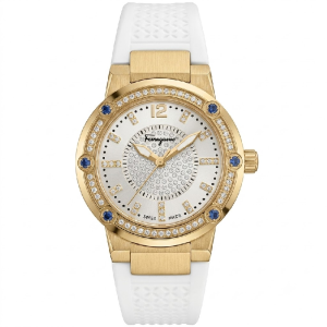 Ferragamo Women's Swiss Made Quartz White Silicone Strap Silver Pave Dial 33mm Watch FIG110015 (Without Tag)