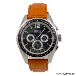 Hugo Boss Men’s Quartz Orange Leather Strap Black Dial 46mm Watch 1512406/1 (Like New)