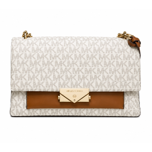 Michael Kors Jade Large Logo & Leather Crossbody Bag In Signature Coated Canvas For Women's – White/Brown (Size: W:9" H:6.5" D:3") 30H9GJ4L3B/1