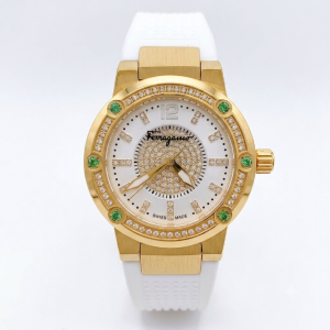 Ferragamo Women's Swiss Made Quartz White Silicone Strap Silver Pave Dial 33mm Watch FIG120015(Like New)