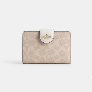COACH WOMEN'S SIGNATURE CANVAS MEDIUM CORNER ZIP WALLET IN LIGHT KHAKI/CHALK - C3309
