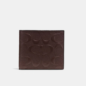 COACH MEN'S SIGNATURE EMBOSSED PEBBLED LEATHER PASSCASE WALLET IN DARK BROWN / MAHOGANY - F75371/1