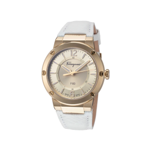 Salvatore Ferragamo F-80 Motion Women’s Quartz Swiss Made White Leather Strap Gold Dial 34mm Watch SFHX00220/1 (Like New)