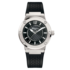 Salvatore Ferragamo F-80 Women’s Quartz Swiss Made Black Silicone Strap Black Dial 33mm Watch FIG020015 (Like New)