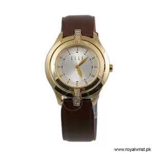 Elle Women’s Quartz Brown Leather Strap Silver Sunray Dial 38mm Watch EL20135S13N (Like New)