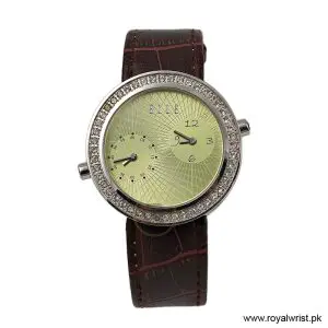 Elle Women’s Quartz Brown Leather Strap Green Dial 41mm Dual Time Watch EL20038S50N (Like New)