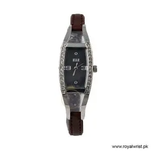 Elle Women's Quartz Brown Leather Strap Black Dial 20mm Watch EL20001S02C (Like New)