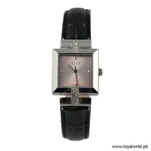 Elle Women’s Quartz Black Leather Strap Pink Dial 25mm Watch EL20028S03C/3 (Like New)