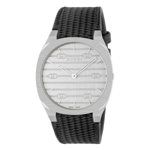 Gucci Unisex Swiss Made Quartz Black Leather Strap Silver Dial 38mm Watch YA163419