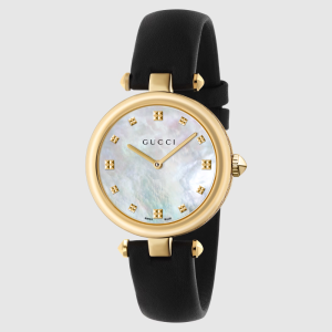 Gucci Women’s Quartz Swiss Made Black Leather Strap White Mother Of Pearl Dial 32mm Watch YA141404
