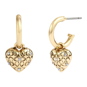 Coach Women’s Signature Quilted Heart Crystal Huggie Hoop Gold Earrings 460422GLD110