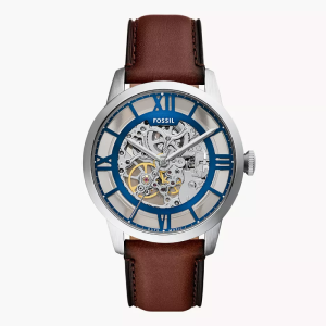 Fossil Men’s Townsman Automatic Brown Leather Strap Silver Skeleton Dial 44mm Watch ME3267