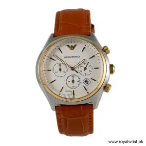 Emporio Armani Men’s Chronograph Quartz Brown Leather Strap White Dial 44mm Watch AR11033 (Like New)