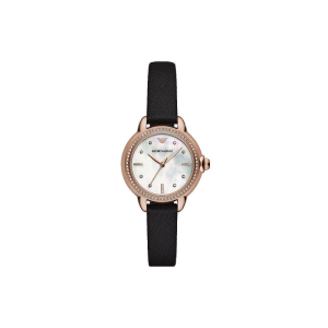 Emporio Armani Women’s Quartz Rose Gold Stainless Steel Mother of Pearl Dial 32mm Black Leather Watch AR11598