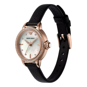 Alternative view of Emporio Armani Women’s Quartz Rose Gold Stainless Steel Mother of Pearl Dial 32mm Black Leather Watch AR11598