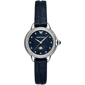 Emporio Armani Women’s Quartz Silver Stainless Steel Blue Moonphase Dial 32mm Blue Leather Watch AR11629
