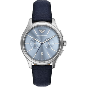 Emporio Armani Men’s Quartz Silver Stainless Steel Blue Dial 42mm Chronograph Blue Leather Watch AR11747