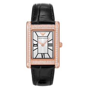 Emporio Armani Women’s Quartz Rose Gold Stainless Steel Silver Dial 32mm Black Leather Watch AR11624