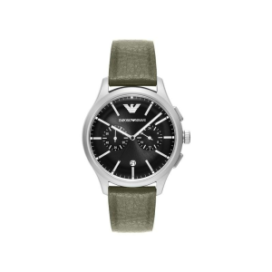 Emporio Armani Men’s Quartz Silver Stainless Steel Black Dial 42mm Green Leather Watch AR11693