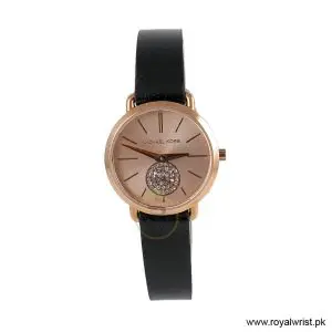 Michael Kors Women’s Quartz Black Leather Strap Rose Gold Dial 34mm Watch MK2728 (Like New)