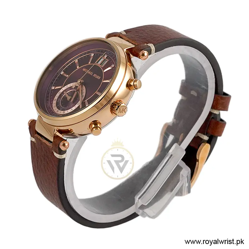 Michael Kors Women’s Quartz Brown Leather Strap Burgundy Dial 39mm Watch MK2426/1 (Like New) - Image 2