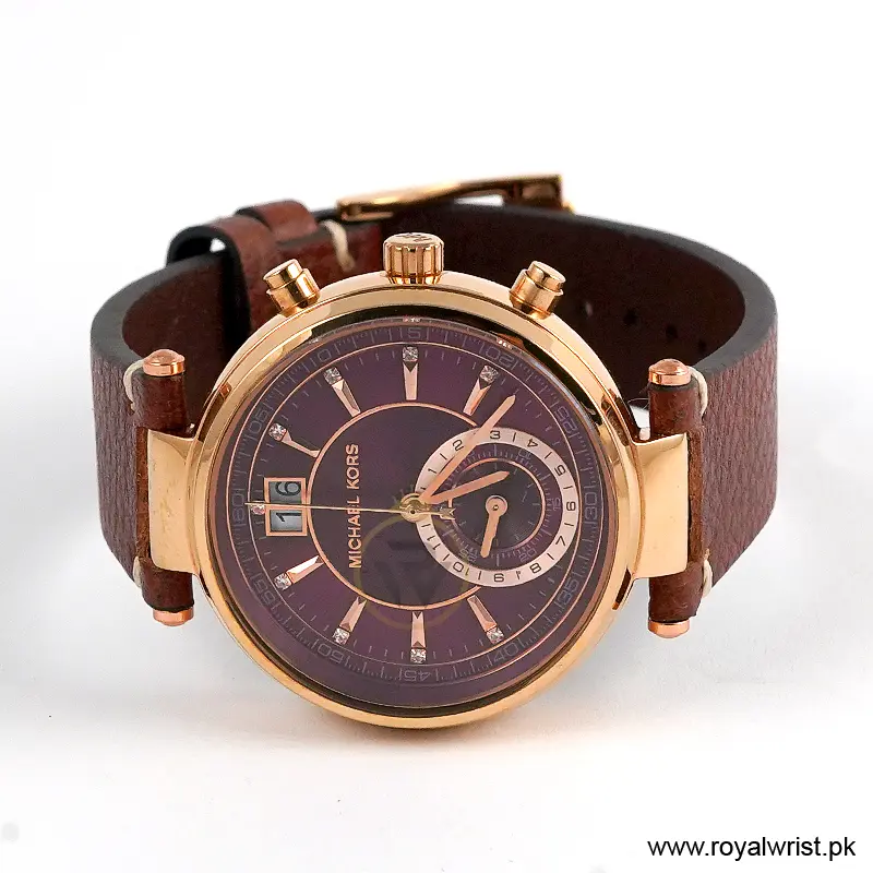 Michael Kors Women’s Quartz Brown Leather Strap Burgundy Dial 39mm Watch MK2426/1 (Like New) - Image 3