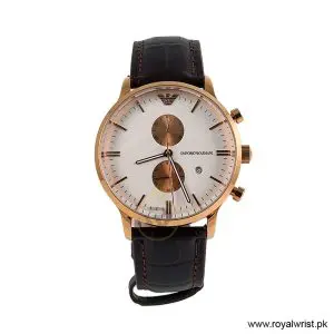 Emporio Armani Men’s Quartz Brown Leather Strap White Dial 43mm Watch AR0398/1 (Like New)