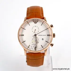 Emporio Armani Men’s Quartz Camel Brown Leather Strap White Dial 43mm Watch AR1936 (Like New)