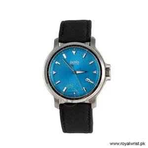 Hugo Boss Men’s Quartz Black Leather Strap Sky Blue Dial 43mm Watch 1512099/6 (Like New)