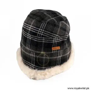 Alternative view of Burberry Check Wool Bucket Hat with Faux Fur Trim - Dark Grey / Charcoal B18273