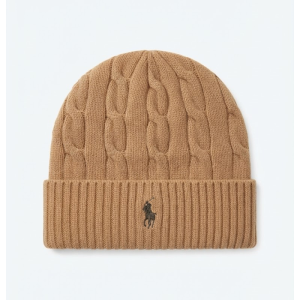 Ralph Lauren Classic Cable-Knit Camel Brown Beanie with Signature Pony Embroidery 100098060