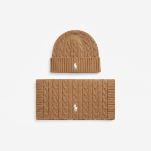 Polo Ralph Lauren Classic Cable-Knit Beanie and Scarf Matching Set Camel Brown 100033102