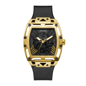 GUESS Men’s Quartz Black Dial Black Silicone Strap Gold-Tone 44mm Watch GW0595G1
