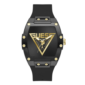 GUESS Men’s Venix Quartz Black Dial Gold-Logo Black Silicone Strap Rectangular 42mm Watch GW1072G2
