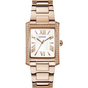 GUESS Women’s Bonnie Quartz White Dial Rose Gold-Tone Stainless Steel Crystal Bezel 27mm Watch GW0874L3