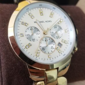 Michael Kors Women’s Oversized Ivory/Beige Acrylic Horn Bracelet & Champagne Dial Watch with Crystal Indexes