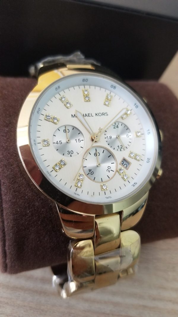 Michael Kors Women’s Oversized Ivory/Beige Acrylic Horn Bracelet & Champagne Dial Watch with Crystal Indexes