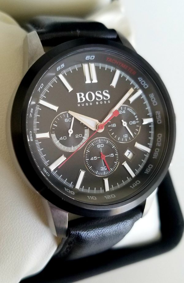 Hugo Boss Leather Strap Mens Watch - Black Dial Chronograph 1513191